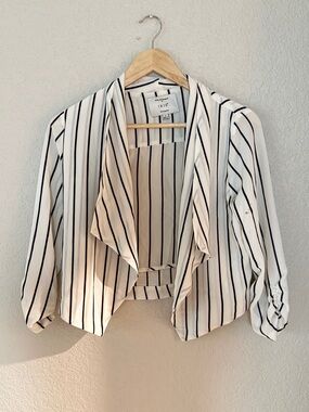 iris White and Black Vertical Stripe Draped Open Blazer